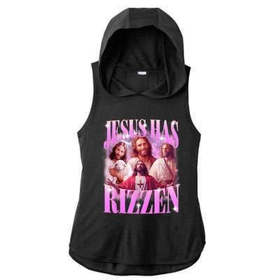 Jesus Has Rizzen Vintage Christian Jesus Playing Basketball Ladies PosiCharge Tri-Blend Wicking Draft Hoodie Tank