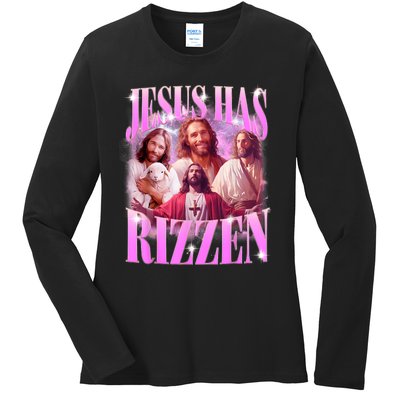 Jesus Has Rizzen Vintage Christian Jesus Playing Basketball Ladies Long Sleeve Shirt