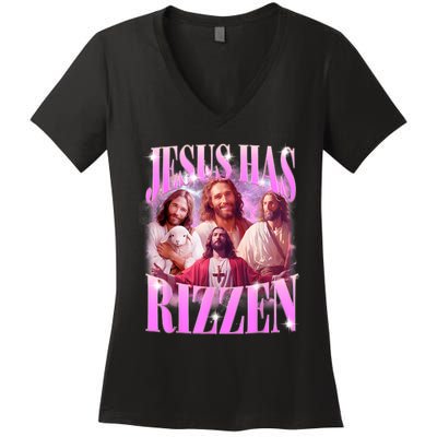 Jesus Has Rizzen Vintage Christian Jesus Playing Basketball Women's V-Neck T-Shirt