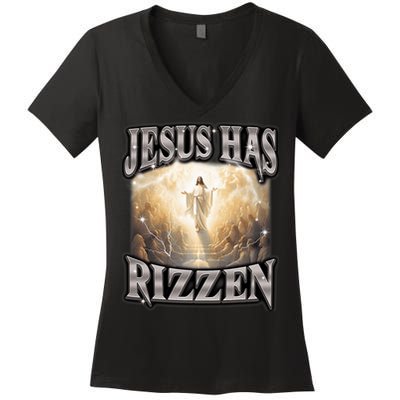 Jesus Has Rizzen Vintage Christian Design Jesus Women's V-Neck T-Shirt