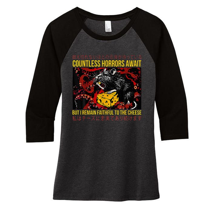 Japanese Horror Rat Retro Countless Horrors Await Women's Tri-Blend 3/4-Sleeve Raglan Shirt