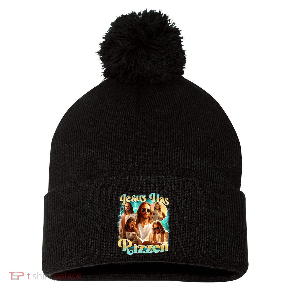 Jesus Has Rizzen He Is Rizzin Retro Christian Religious Pom Pom 12in Knit Beanie