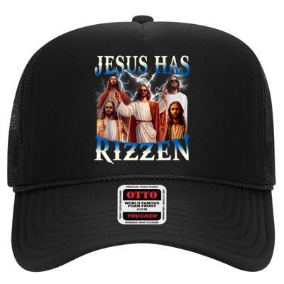 Jesus Has Rizzen Vintage Christian Design Jesus High Crown Mesh Back Trucker Hat