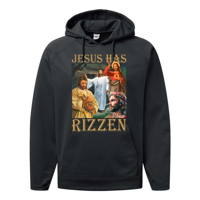 Jesus Has Rizzen Jesus Cool Funny Performance Fleece Hoodie