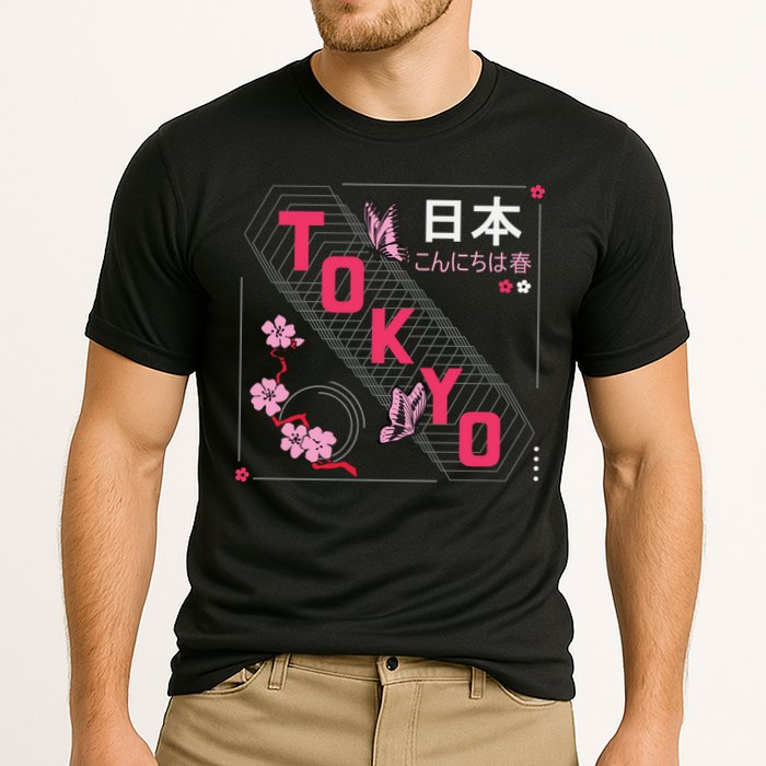 Japan Hello Spring Tokyo Text With Flower And Butterflies Performance Shirt