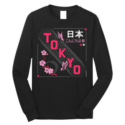 Japan Hello Spring Tokyo Text With Flower And Butterflies Long Sleeve Shirt