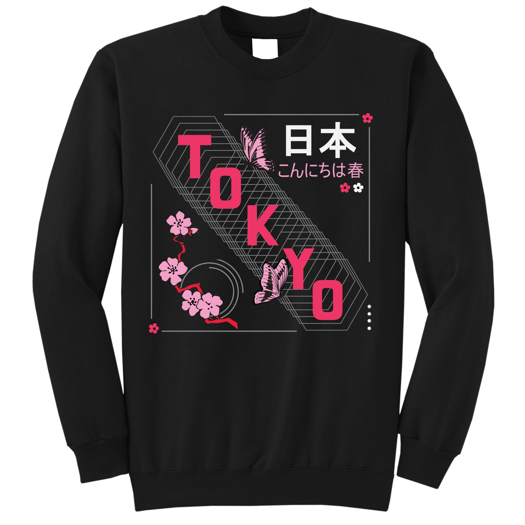 Japan Hello Spring Tokyo Text With Flower And Butterflies Sweatshirt