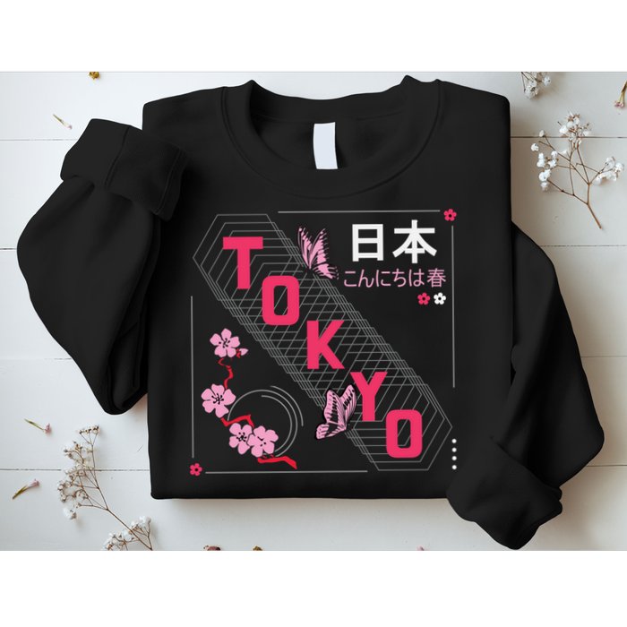Japan Hello Spring Tokyo Text With Flower And Butterflies Sweatshirt