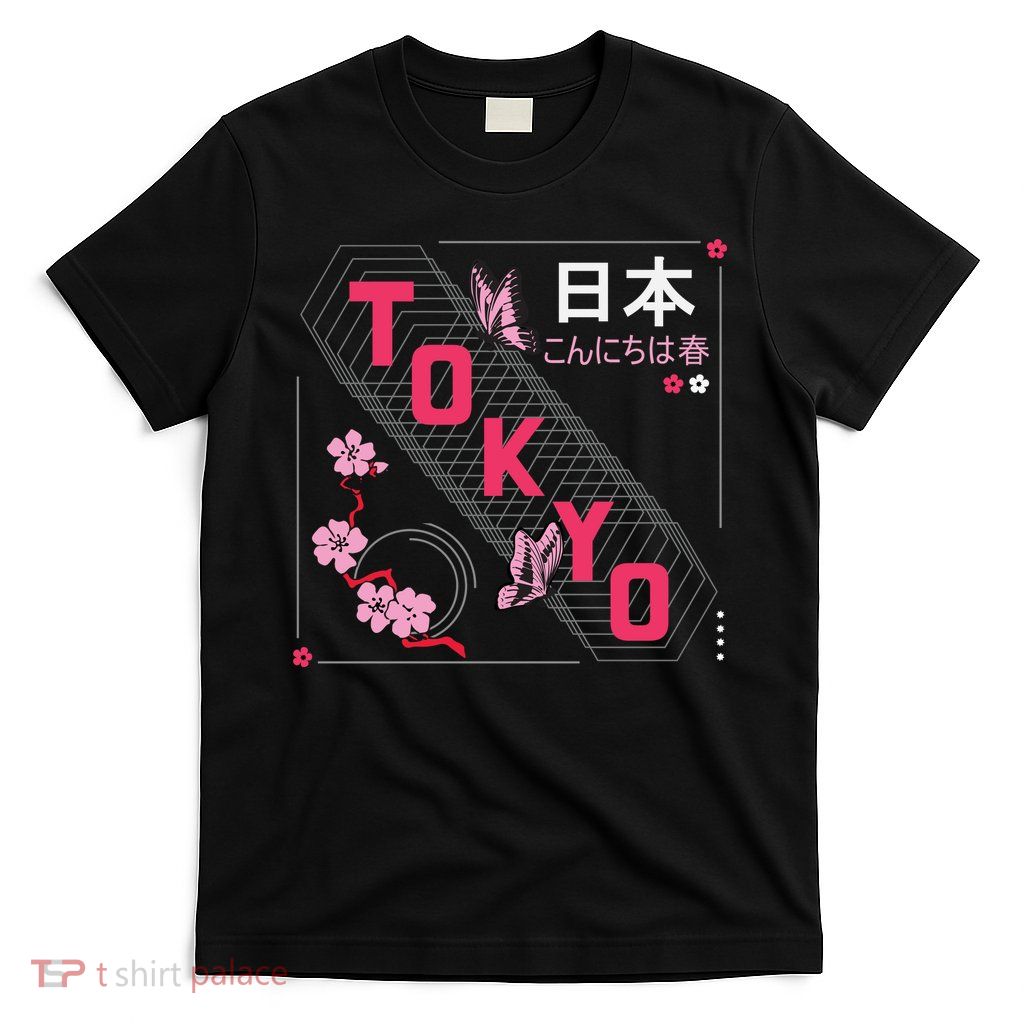 Japan Hello Spring Tokyo Text With Flower And Butterflies T-Shirt