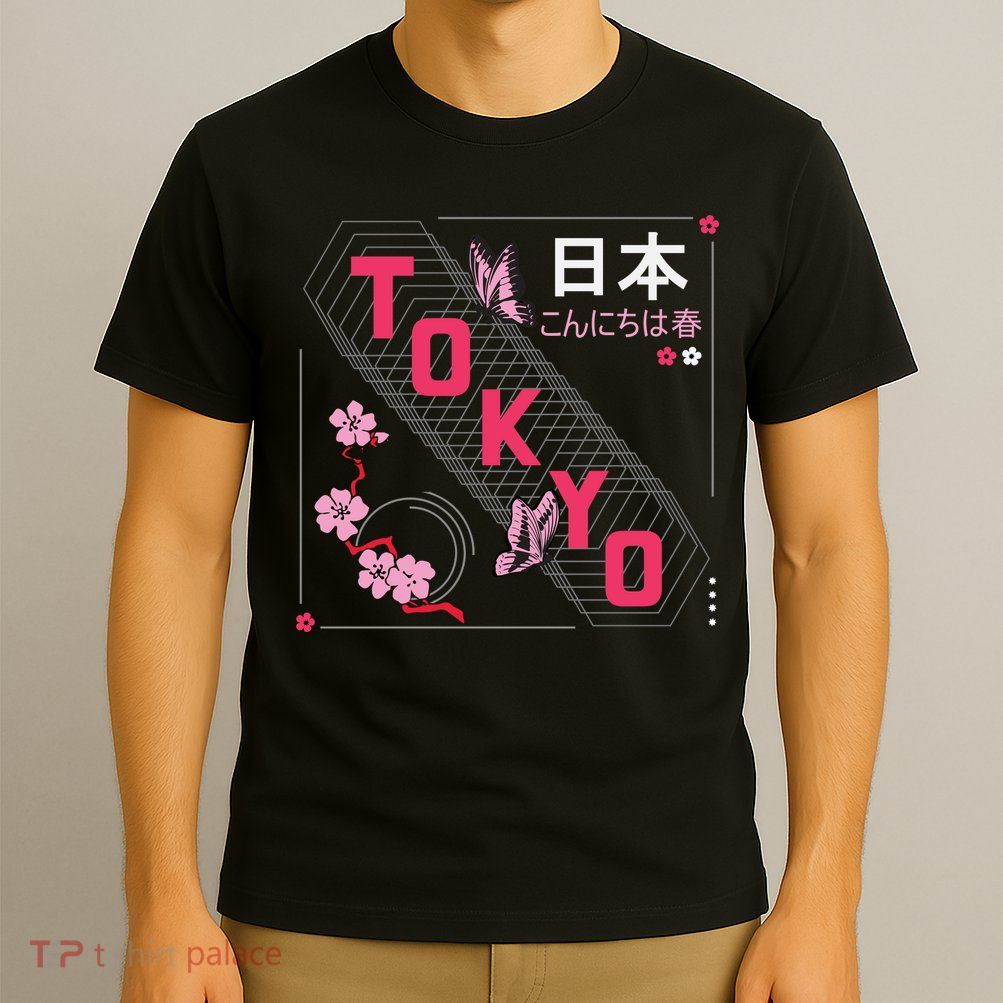 Japan Hello Spring Tokyo Text With Flower And Butterflies T-Shirt