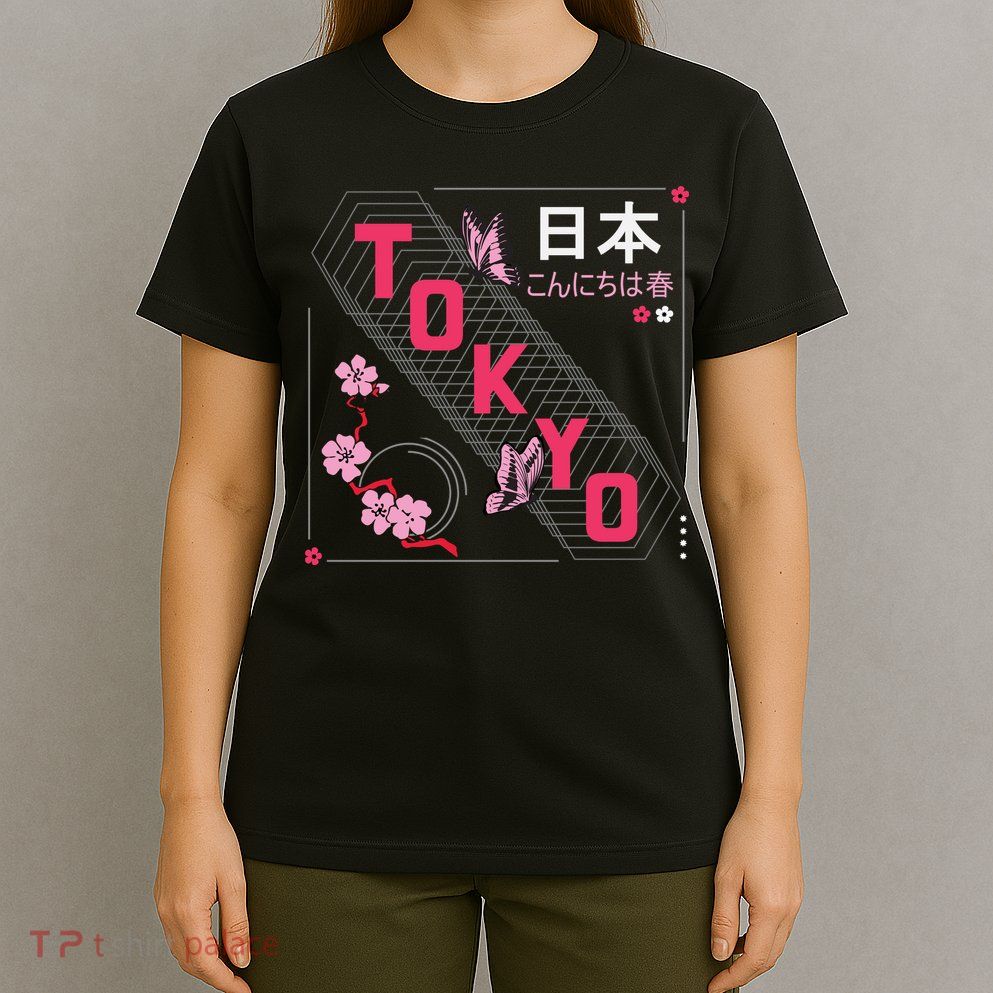 Japan Hello Spring Tokyo Text With Flower And Butterflies T-Shirt