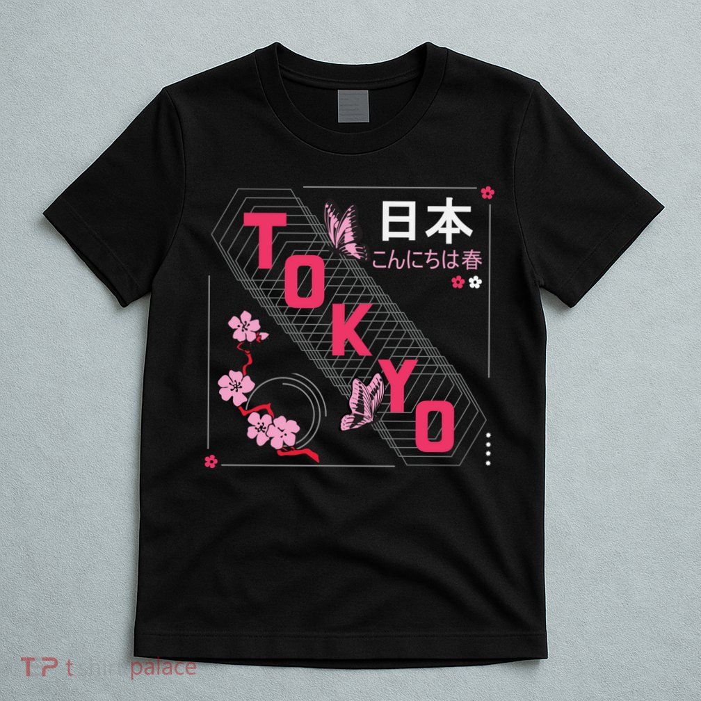 Japan Hello Spring Tokyo Text With Flower And Butterflies T-Shirt