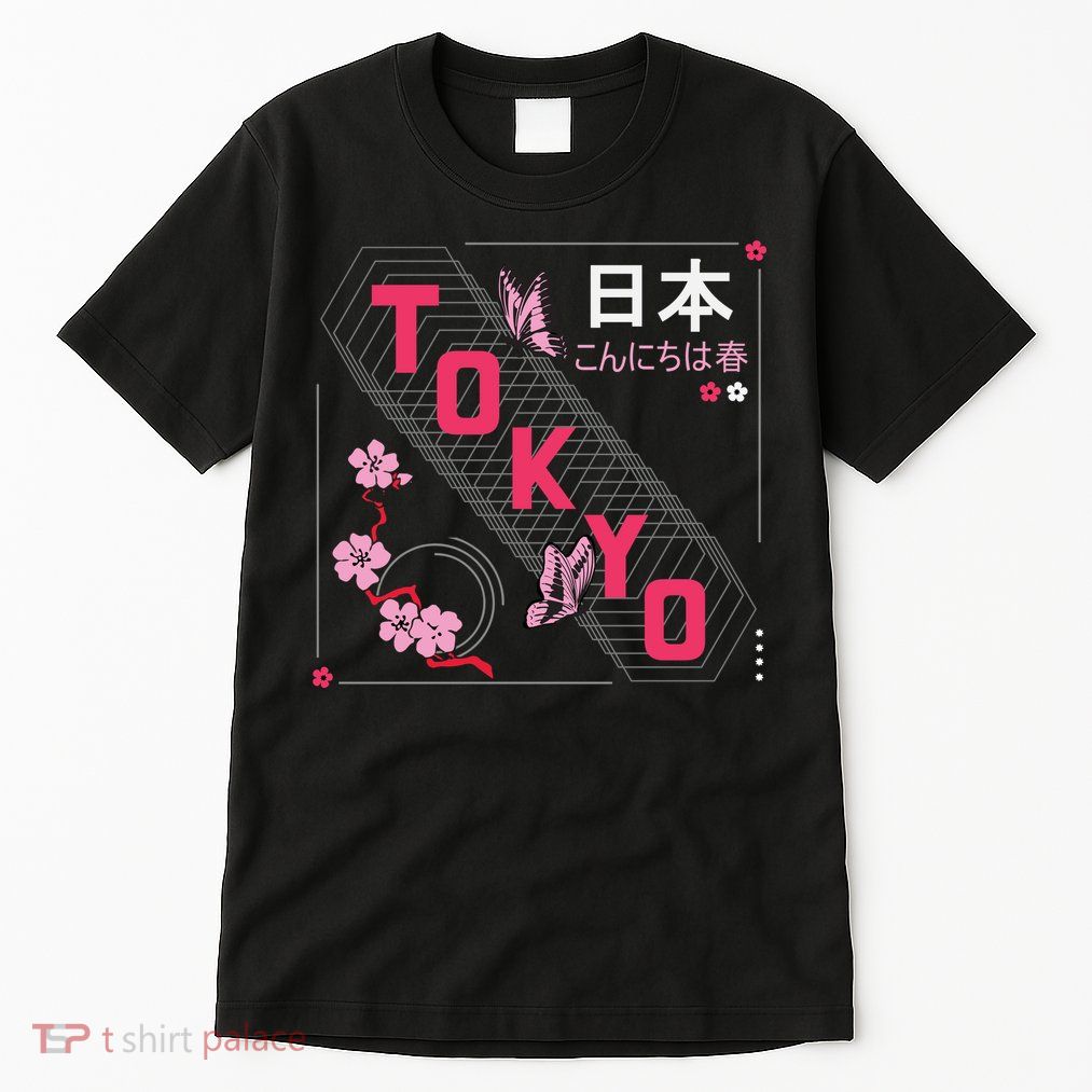 Japan Hello Spring Tokyo Text With Flower And Butterflies Tall T-Shirt