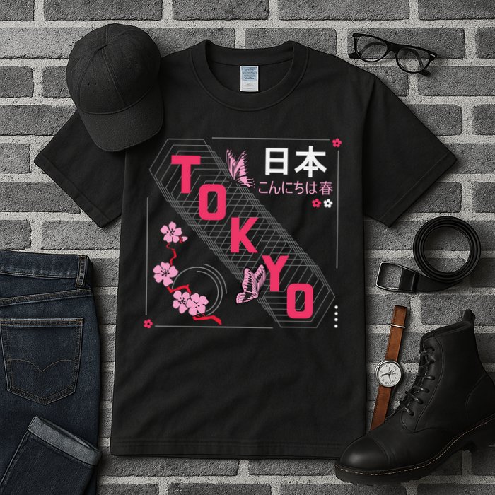 Japan Hello Spring Tokyo Text With Flower And Butterflies Tall T-Shirt