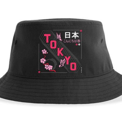 Japan Hello Spring Tokyo Text With Flower And Butterflies Sustainable Bucket Hat