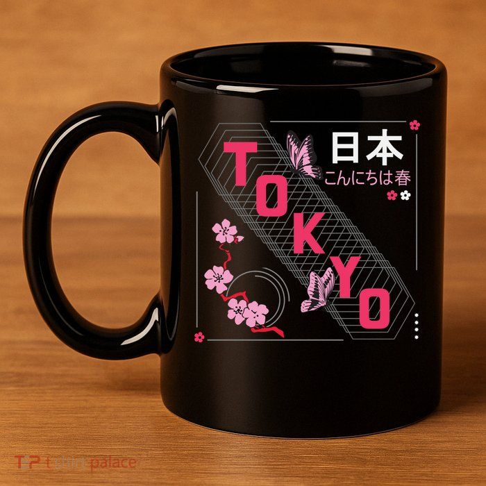 Japan Hello Spring Tokyo Text With Flower And Butterflies 11oz C Handle Ceramic Mug