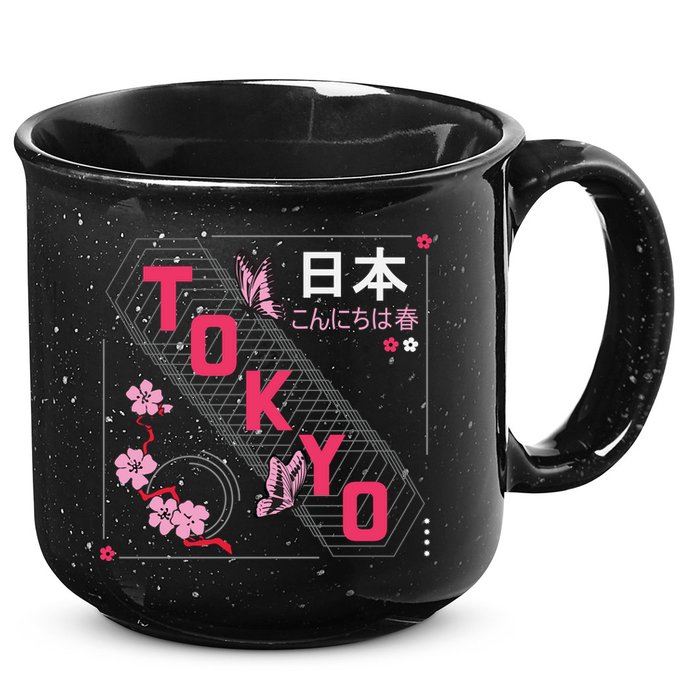 Japan Hello Spring Tokyo Text With Flower And Butterflies 15oz Campfire Ceramic Mug