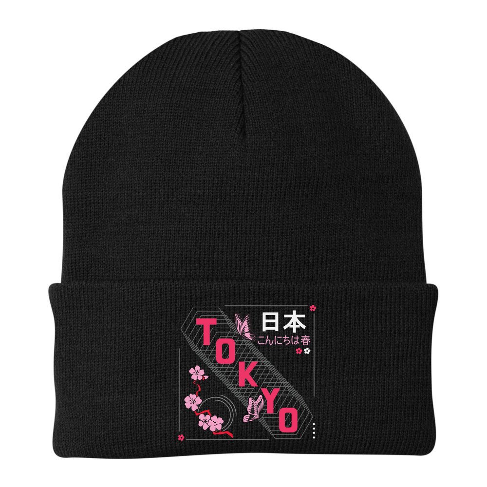 Japan Hello Spring Tokyo Text With Flower And Butterflies Beanie
