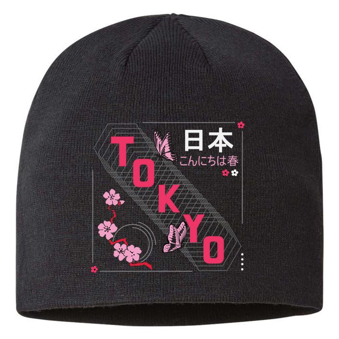 Japan Hello Spring Tokyo Text With Flower And Butterflies Sustainable Beanie