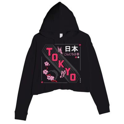 Japan Hello Spring Tokyo Text With Flower And Butterflies Crop Fleece Hoodie