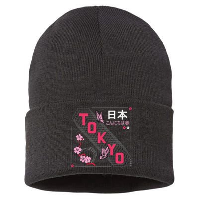 Japan Hello Spring Tokyo Text With Flower And Butterflies Sustainable Knit Beanie