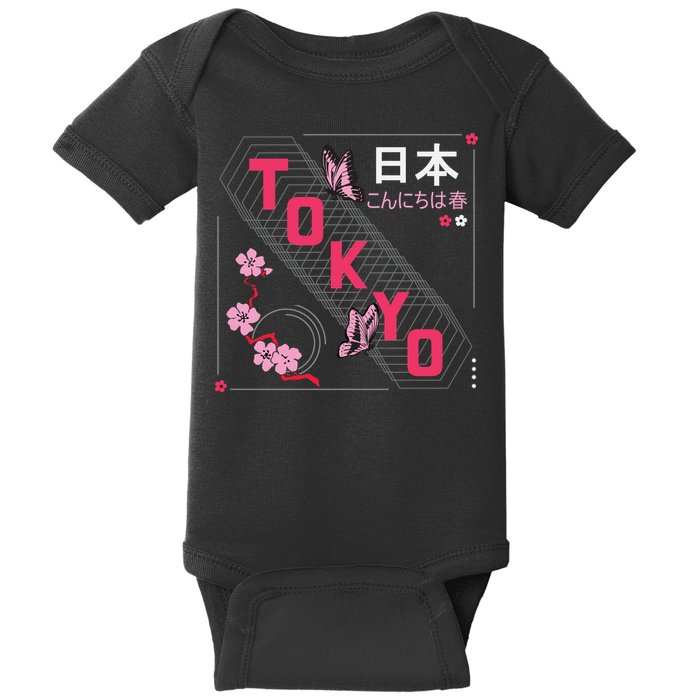 Japan Hello Spring Tokyo Text With Flower And Butterflies Baby Bodysuit