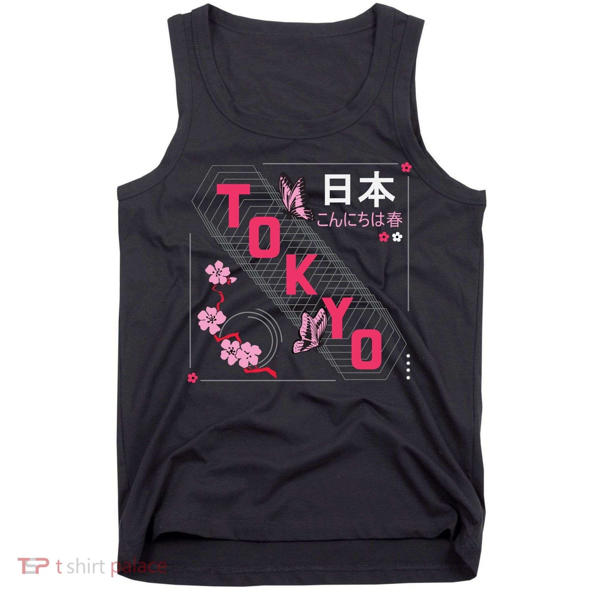 Japan Hello Spring Tokyo Text With Flower And Butterflies Tank Top