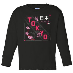 Japan Hello Spring Tokyo Text With Flower And Butterflies Toddler Long Sleeve Shirt