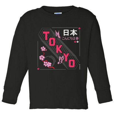 Japan Hello Spring Tokyo Text With Flower And Butterflies Toddler Long Sleeve Shirt