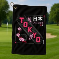 Japan Hello Spring Tokyo Text With Flower And Butterflies Golf Towel