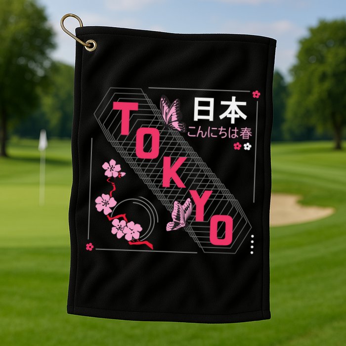 Japan Hello Spring Tokyo Text With Flower And Butterflies Golf Towel