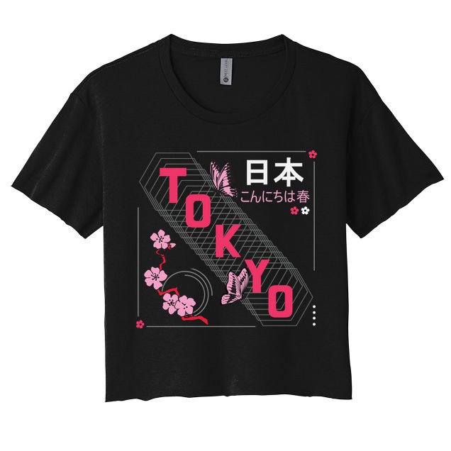 Japan Hello Spring Tokyo Text With Flower And Butterflies Crop Top