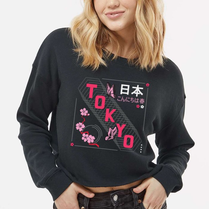 Japan Hello Spring Tokyo Text With Flower And Butterflies Cropped Pullover Crew