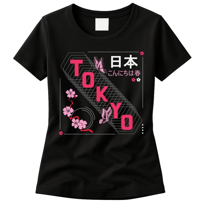 Japan Hello Spring Tokyo Text With Flower And Butterflies Womens T-Shirt