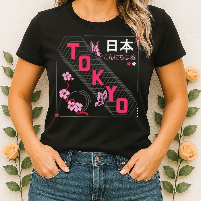 Japan Hello Spring Tokyo Text With Flower And Butterflies Womens T-Shirt