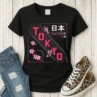 Japan Hello Spring Tokyo Text With Flower And Butterflies Womens T-Shirt