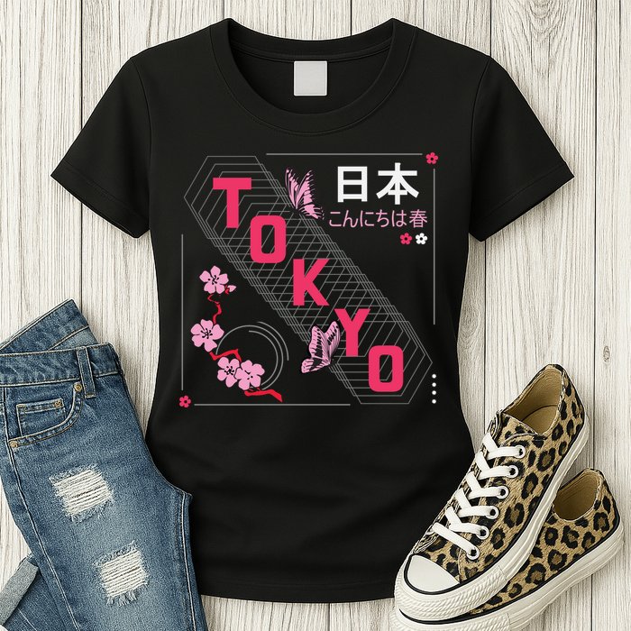 Japan Hello Spring Tokyo Text With Flower And Butterflies Womens T-Shirt