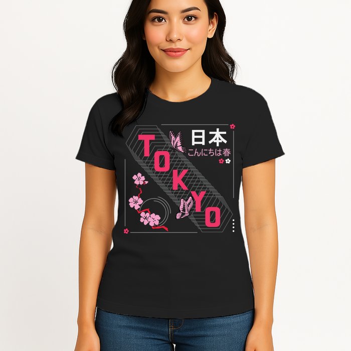 Japan Hello Spring Tokyo Text With Flower And Butterflies Womens T-Shirt