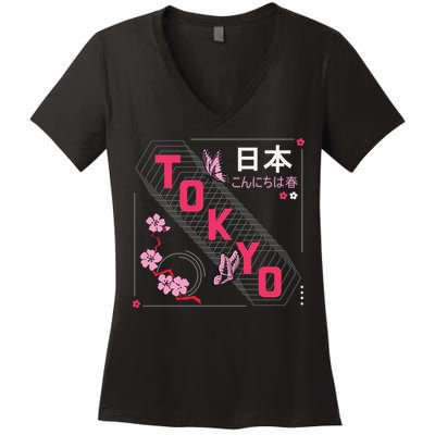 Japan Hello Spring Tokyo Text With Flower And Butterflies Women's V-Neck T-Shirt