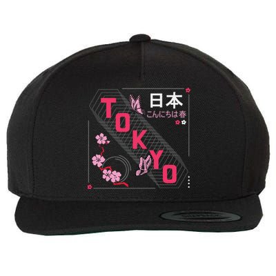 Japan Hello Spring Tokyo Text With Flower And Butterflies Wool Snapback Cap