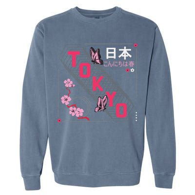 Japan Hello Spring Tokyo Text With Flower And Butterflies Garment-Dyed Sweatshirt