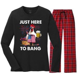 Just Here To Bang USA Flag Funny 4th Of July Chicken Beer Women's Long Sleeve Flannel Pajama Set 