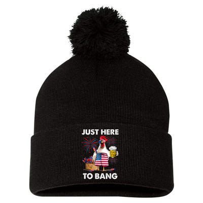 Just Here To Bang USA Flag Funny 4th Of July Chicken Beer Pom Pom 12in Knit Beanie