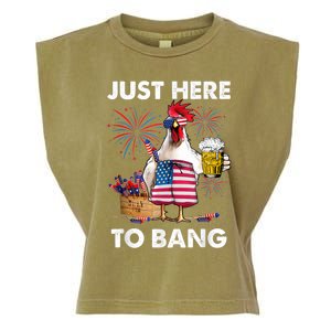 Just Here To Bang USA Flag Funny 4th Of July Chicken Beer Garment-Dyed Women's Muscle Tee