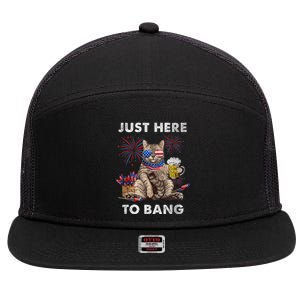 Just Here To Bang USA Flag Funny Beer 4th Of July Cat Lover 7 Panel Mesh Trucker Snapback Hat