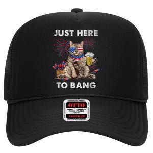 Just Here To Bang USA Flag Funny Beer 4th Of July Cat Lover High Crown Mesh Back Trucker Hat