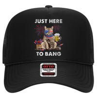 Just Here To Bang USA Flag Funny Beer 4th Of July Cat Lover High Crown Mesh Back Trucker Hat