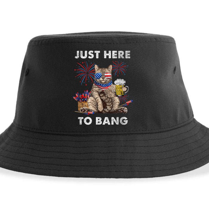 Just Here To Bang USA Flag Funny Beer 4th Of July Cat Lover Sustainable Bucket Hat