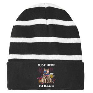 Just Here To Bang USA Flag Funny Beer 4th Of July Cat Lover Striped Beanie with Solid Band