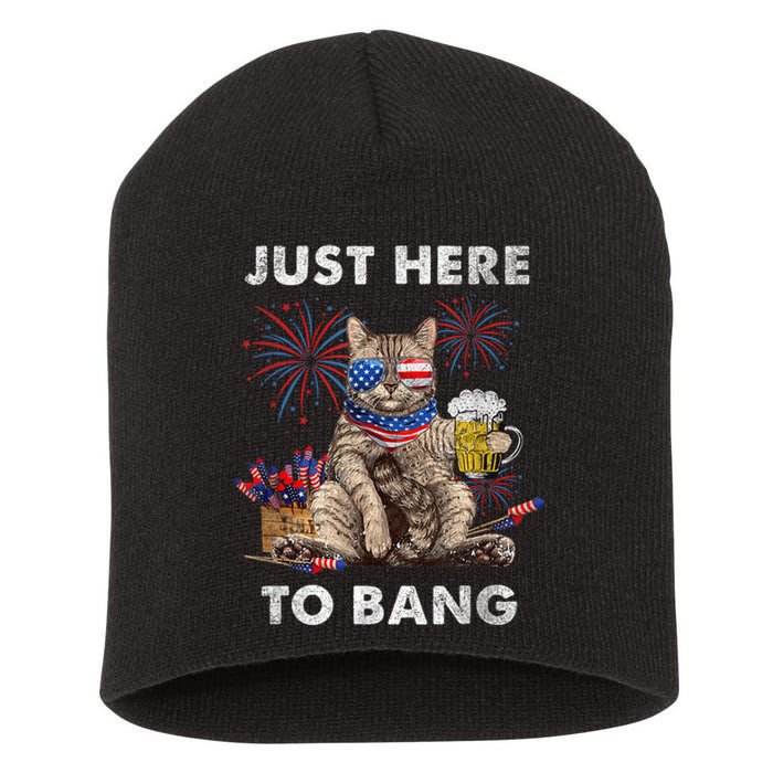 Just Here To Bang USA Flag Funny Beer 4th Of July Cat Lover Short Acrylic Beanie